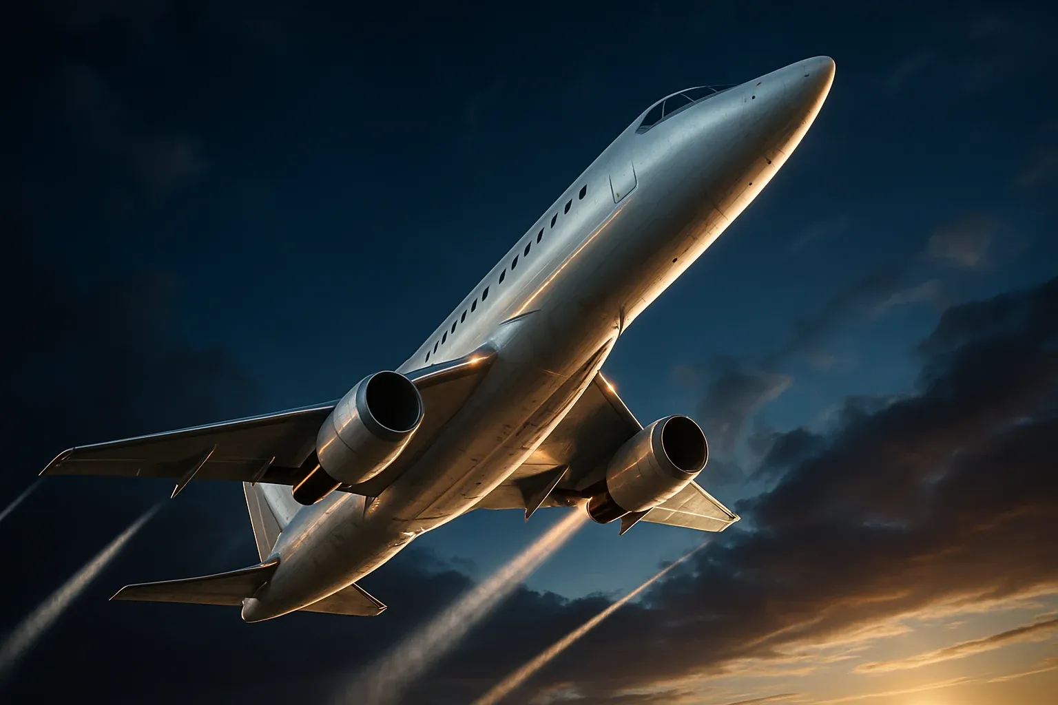 Hyperrealistic white jet climbing steeply in deep blue sky with trails