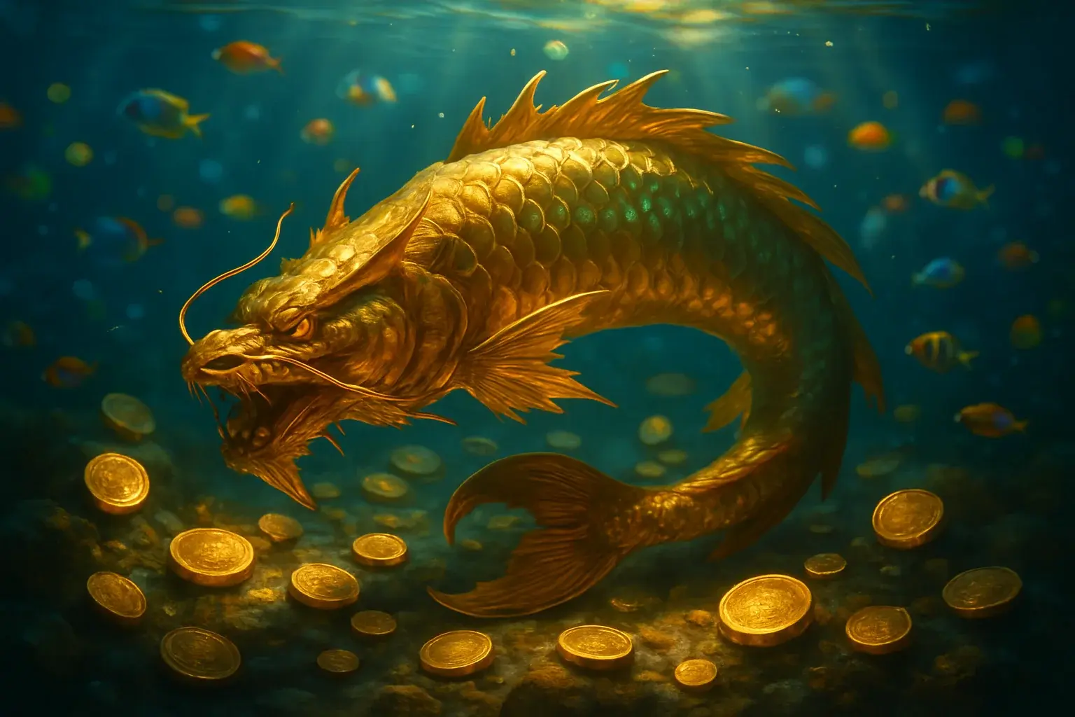 Hyperrealistic underwater golden dragon fish surrounded by glowing coins and treasure