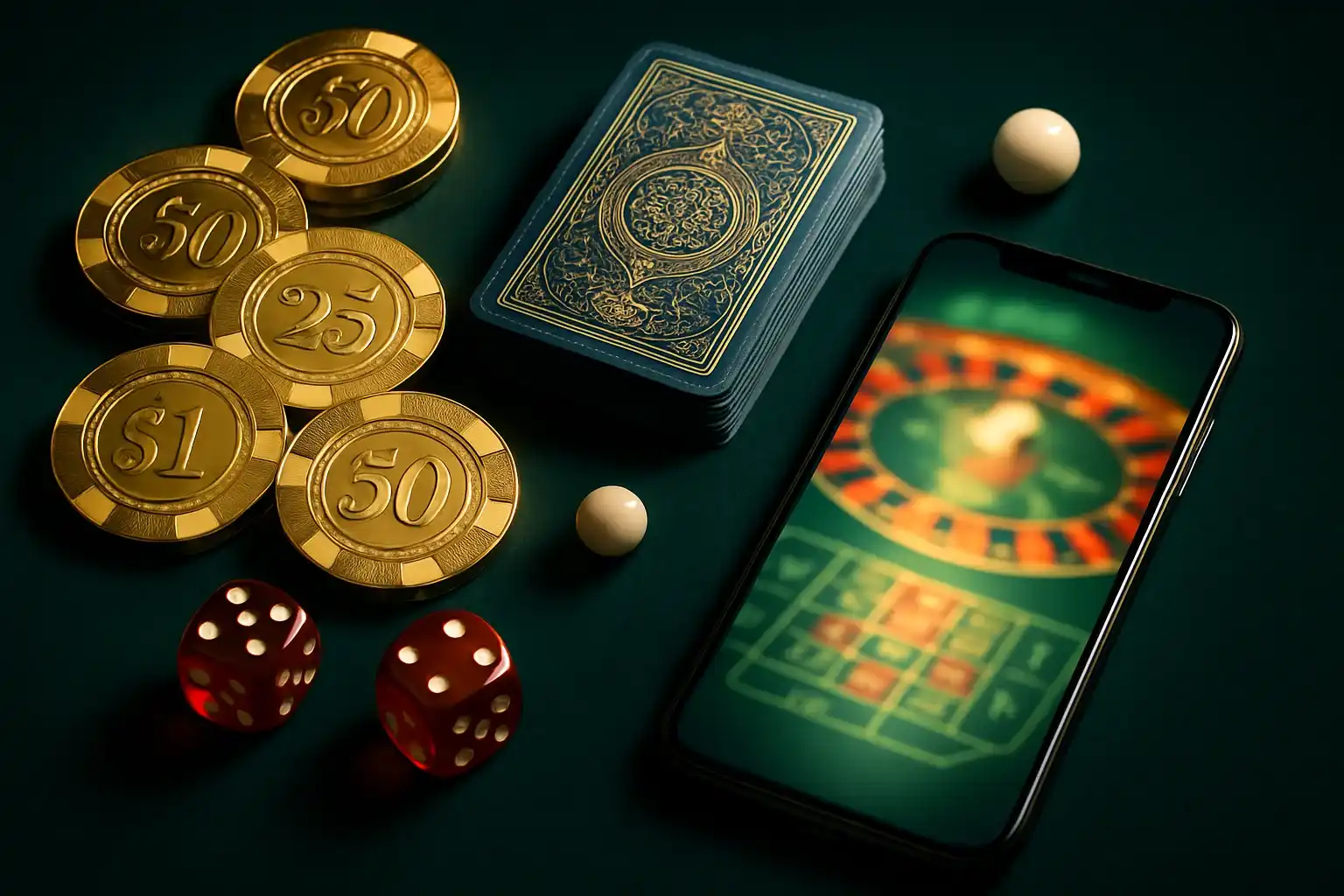 Top-down casino table with golden chips, cards, dice, roulette ball, smartphone