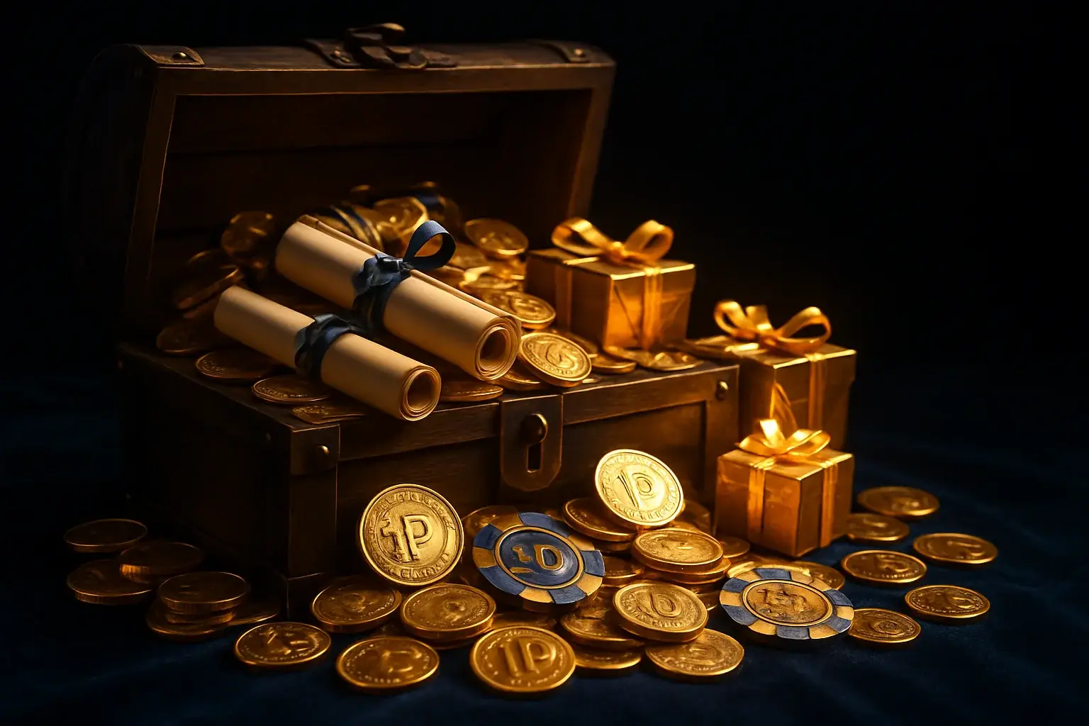 Overflowing treasure chest with gold coins, casino chips, vouchers, and gift boxes