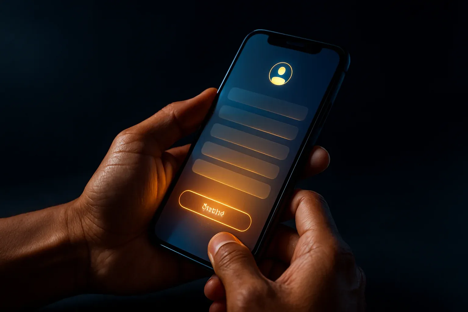 Filipino man hands holding smartphone with blurred registration screen, blue gold glow