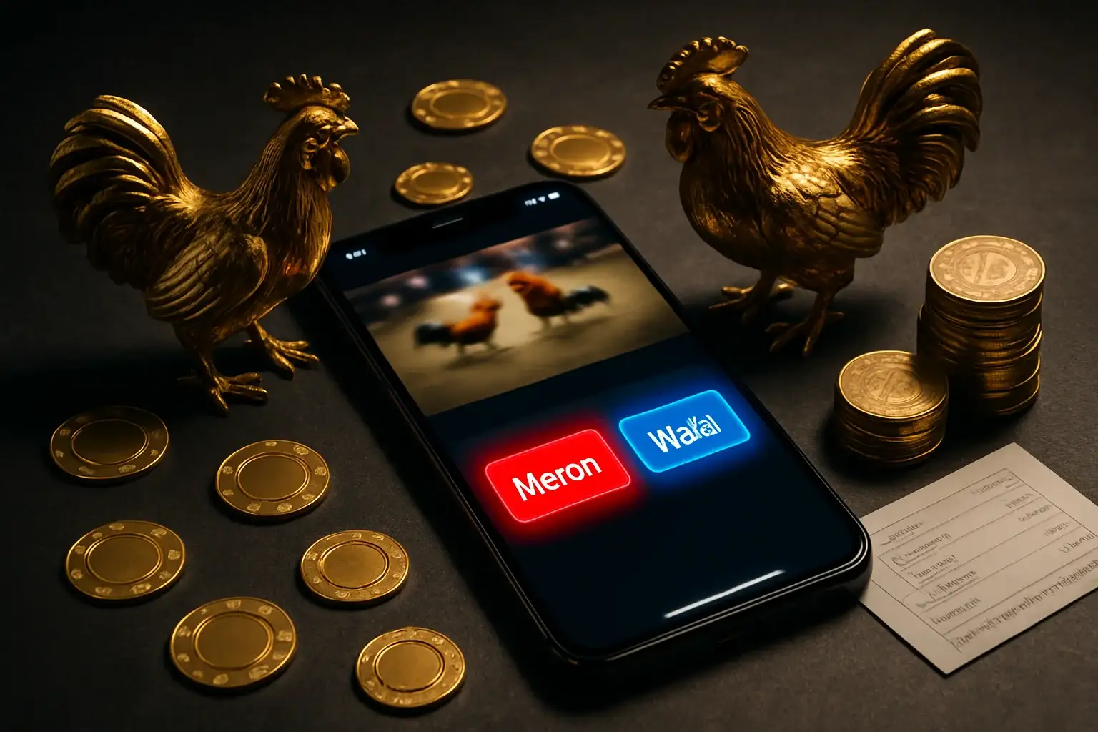 Smartphone sabong betting interface with golden roosters, peso coins, and casino chips
