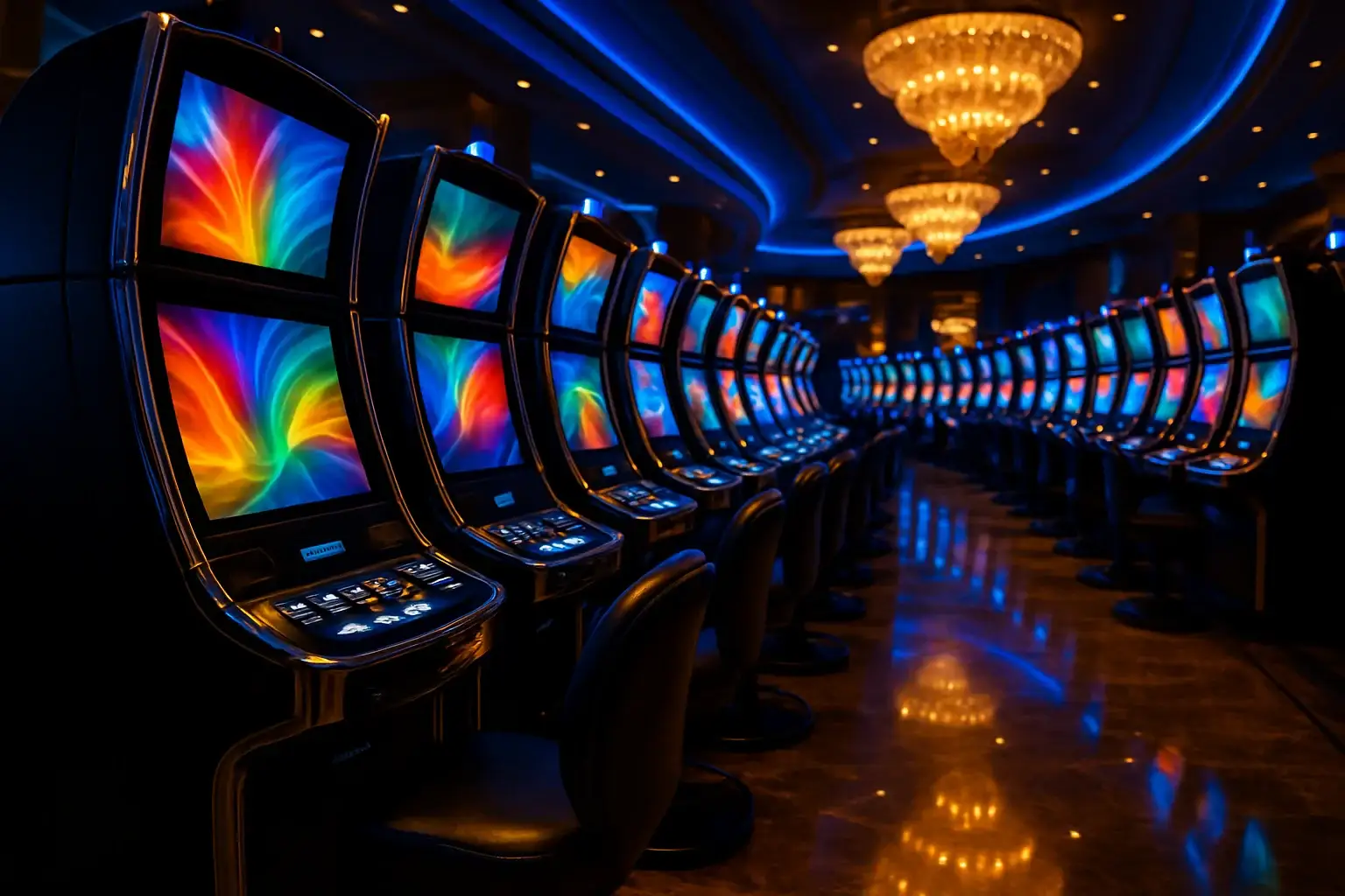 Hyperrealistic wide shot of premium Manila casino slots floor at night