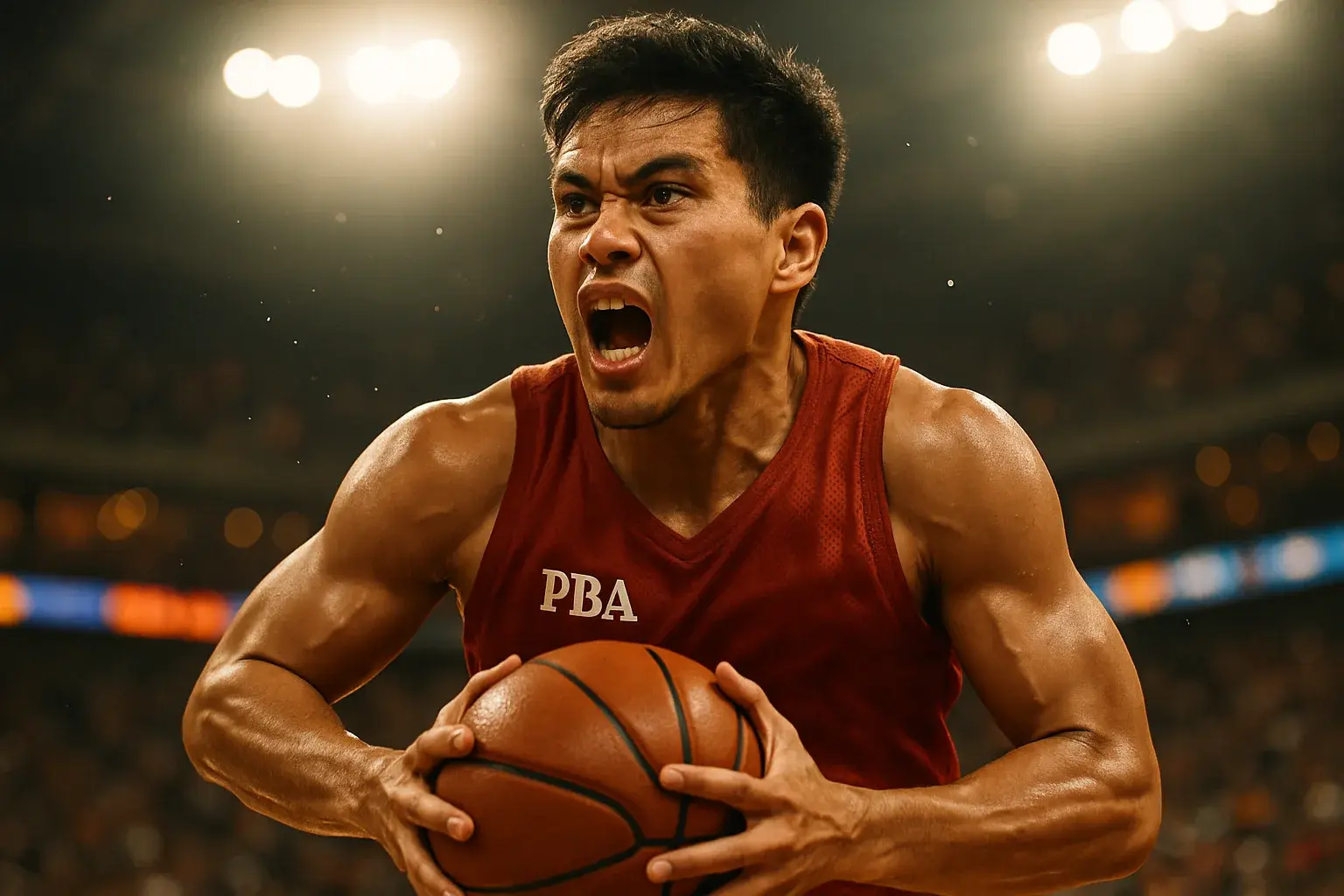 Filipino PBA basketball player mid-air power drive, ball pressed to chest